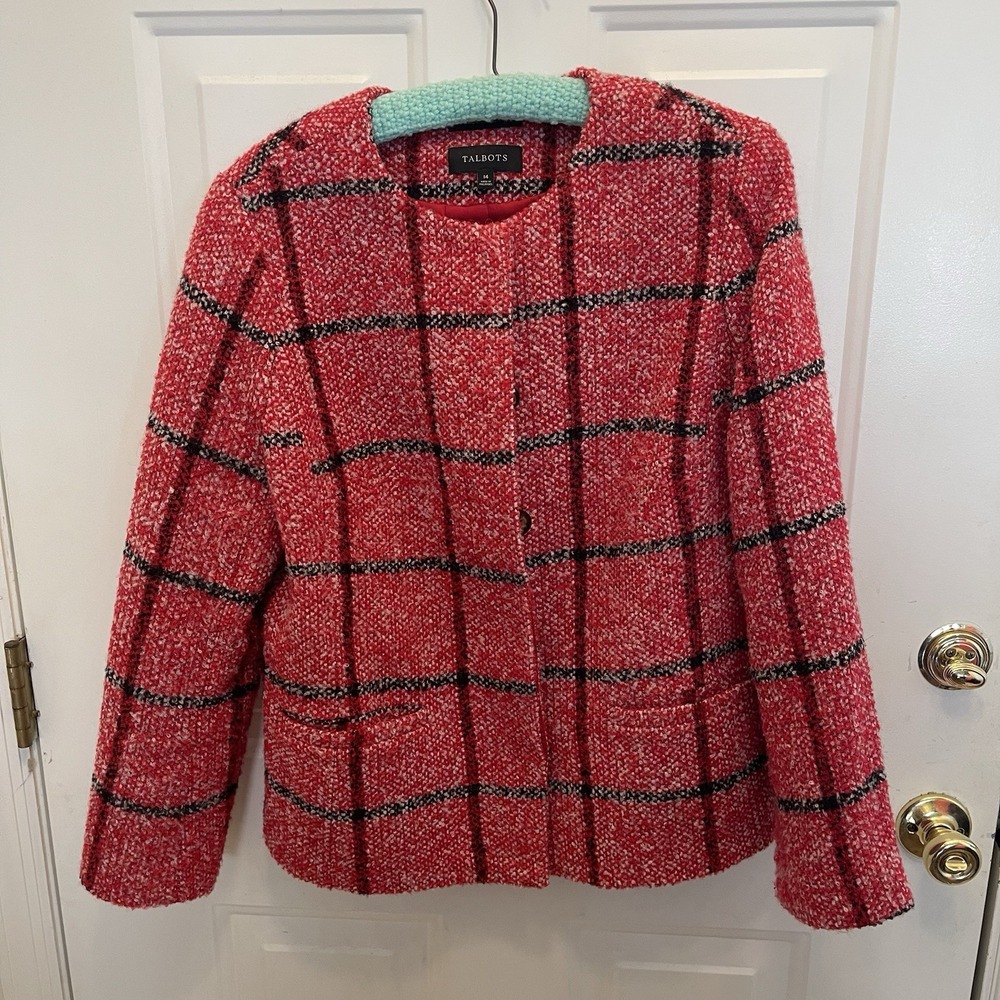 Talbots‎ Tweed Plaid Button Blazer Jacket Red/Black Windowpane Womens 14